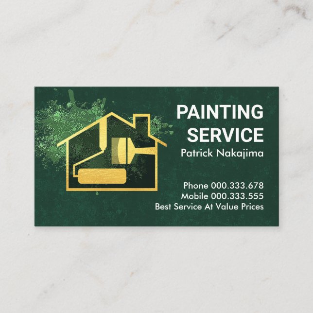 Carte De Visite Peinture verte Splatter Gold Home Brosse (Devant)