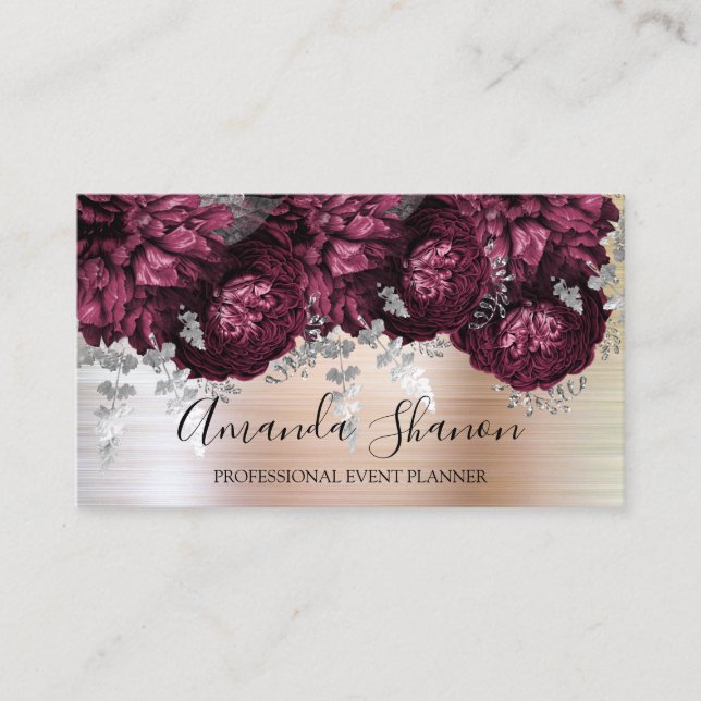Carte De Visite Peony Flowers Rose Silver Logo Planificateur d'évé (Devant)