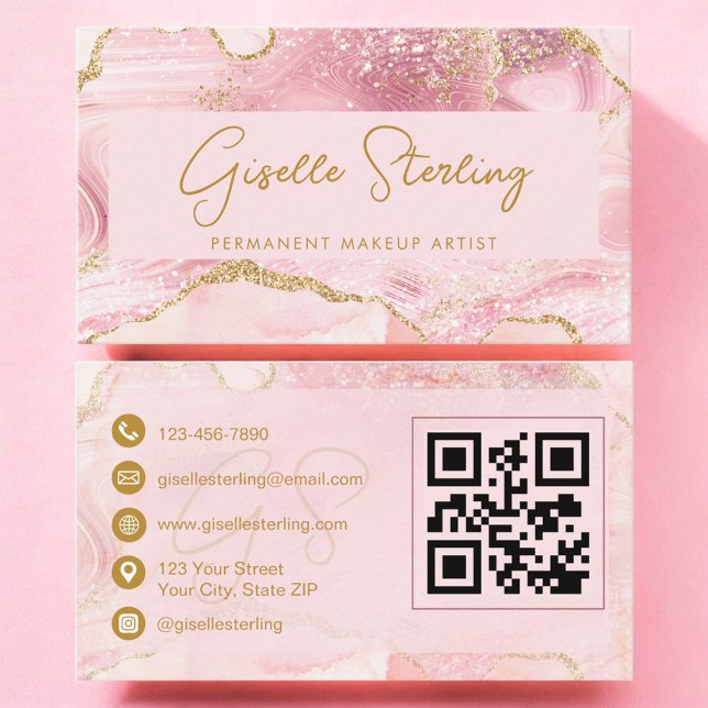 Carte De Visite Permanent Makeup Artist Blush Pink Agate QR Code (Créateur téléchargé)
