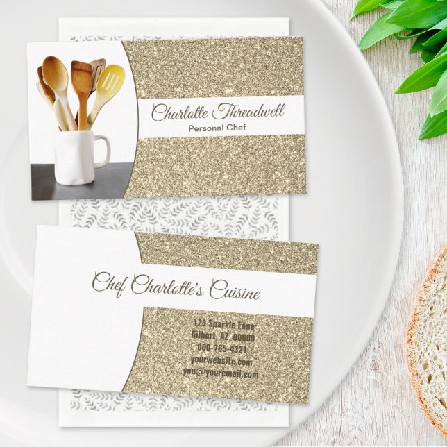 Carte De Visite Personal Chef Subtle Gold Glitter Custom Photo (Créateur téléchargé)