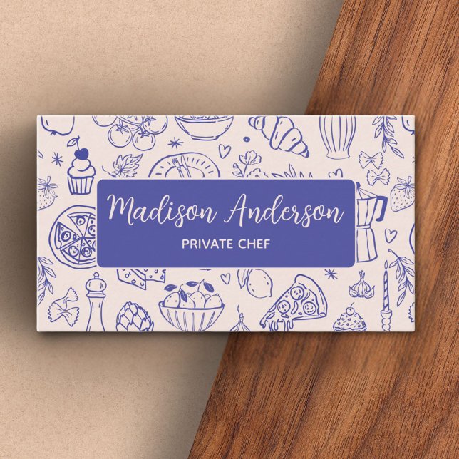 Carte De Visite Personalized Hand Drawn Food QR Code Navy Blue (In situ)