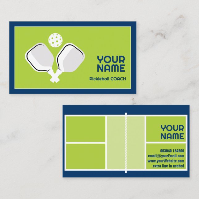 Carte De Visite Personnalisable pour entraîneur de pickleball (Devant / Derrière)