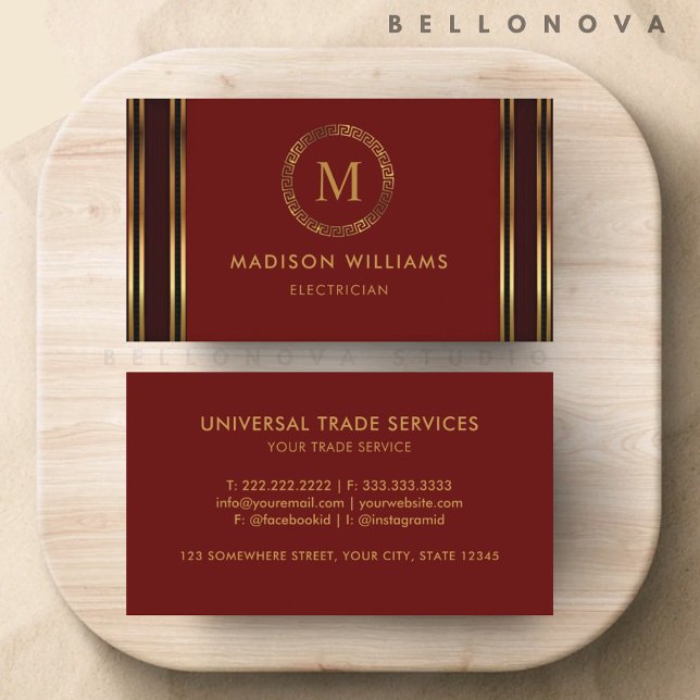 Carte De Visite Personnalisable Rouge Marron Doré Professionnel (Customizable Red Maroon Gold Professional Business Card)