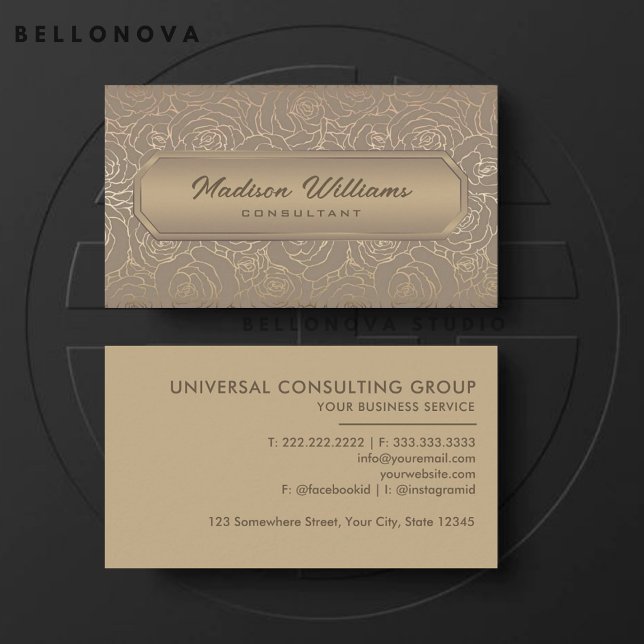 Carte De Visite Personnalisé Beige Brown Gris Or Fleurs Profession (Custom Beige Brown Grey Gold Flowers Professional Business Card)