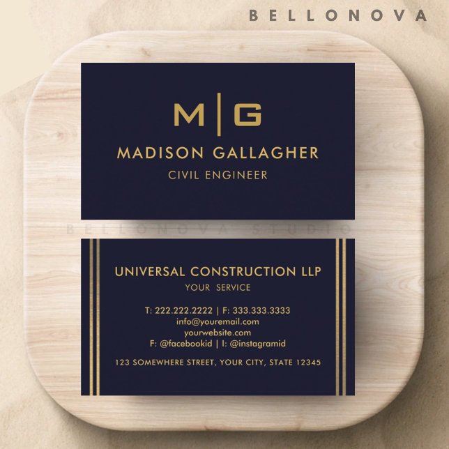 Carte De Visite Personnalisé bleu marine noir et or professionnel (Custom Dark Navy Blue Black And Gold Professional Business Card)