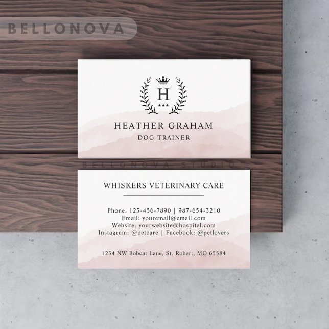 Carte De Visite Personnalisé Initial & Nom Blanc Rose noir Monogra (Custom Initial & Name White Black Pink Monogrammed Business Card)