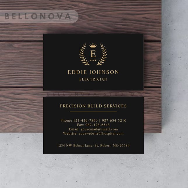 Carte De Visite Personnalisé Initial & Nom Noir Et Or Monogramme (Custom Initial & Name Black And Gold Monogrammed Business Card)