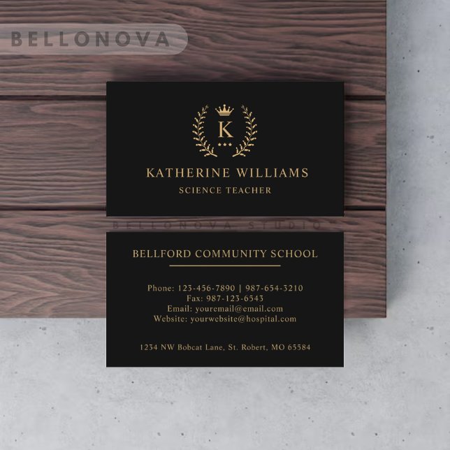 Carte De Visite Personnalisé Initial & Nom Noir Et Or Monogramme (Custom Initial & Name Black And Gold Monogrammed Business Card)