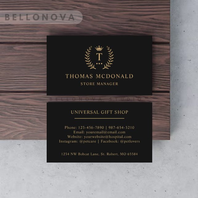 Carte De Visite Personnalisé Initial & Nom Noir Et Or Monogramme (Custom Initial & Name Black And Gold Monogrammed Business Card)