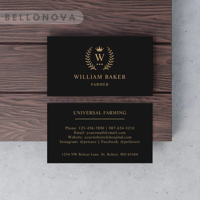 Carte De Visite Personnalisé Initial & Nom Noir Et Or Monogramme (Custom Initial & Name Black And Gold Monogrammed Business Card)