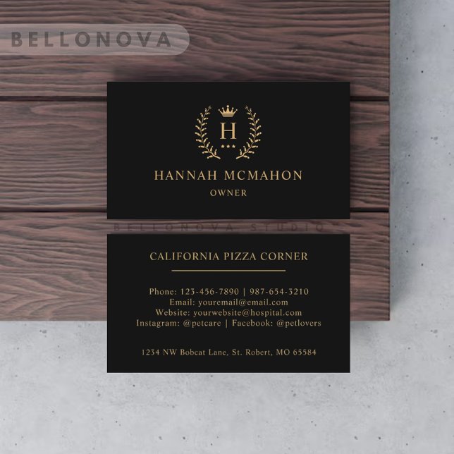 Carte De Visite Personnalisé Initial & Nom Noir Et Or Monogramme (Custom Initial & Name Black And Gold Monogrammed Business Card)