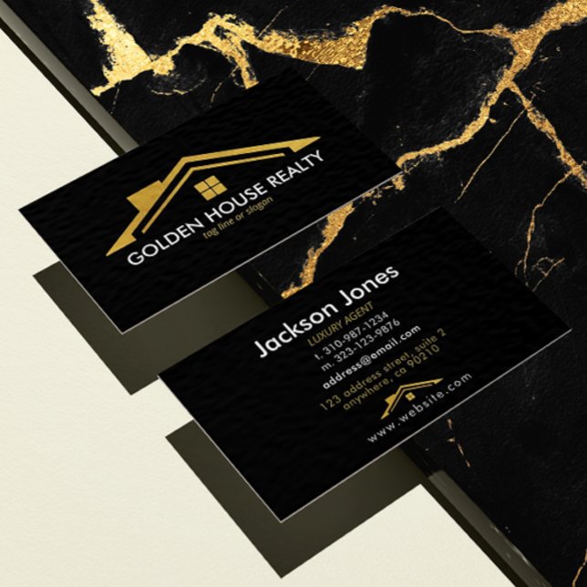 Carte De Visite Personnalisé Noir + Gold Home Realtors Luxe Modern (Créateur téléchargé)