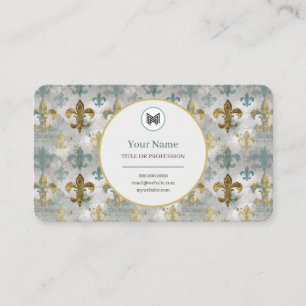 Carte De Visite PERSONNALISÉ Patiné Fleur de Lis   Aqua Blue & Gol
