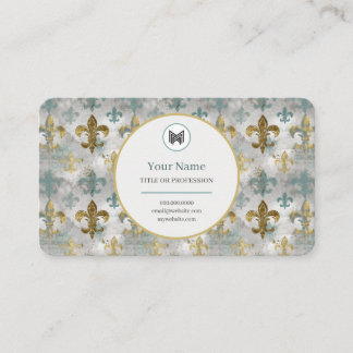 Carte De Visite PERSONNALISÉ Patiné Fleur de Lis | Aqua Blue & Gol
