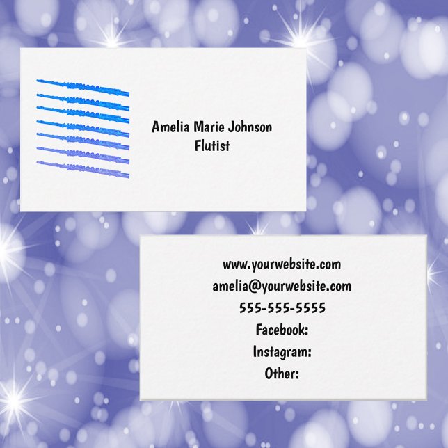 Carte De Visite Personnaliser Flute Blue (A business card with text you can personalize with a pattern of blue flutes.)