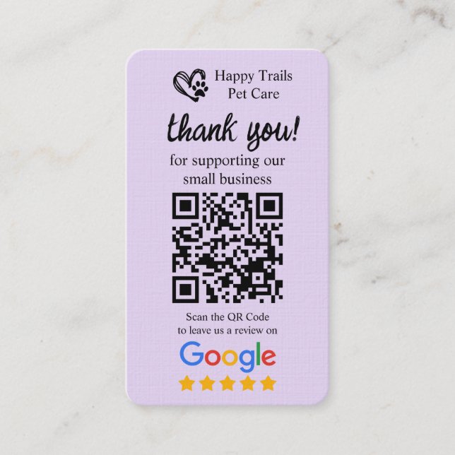Carte De Visite Pet Care Google Review Request Card avec code QR (Devant)