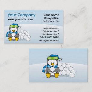 Carte De Visite Petit pingouin assis avec des boules de neige