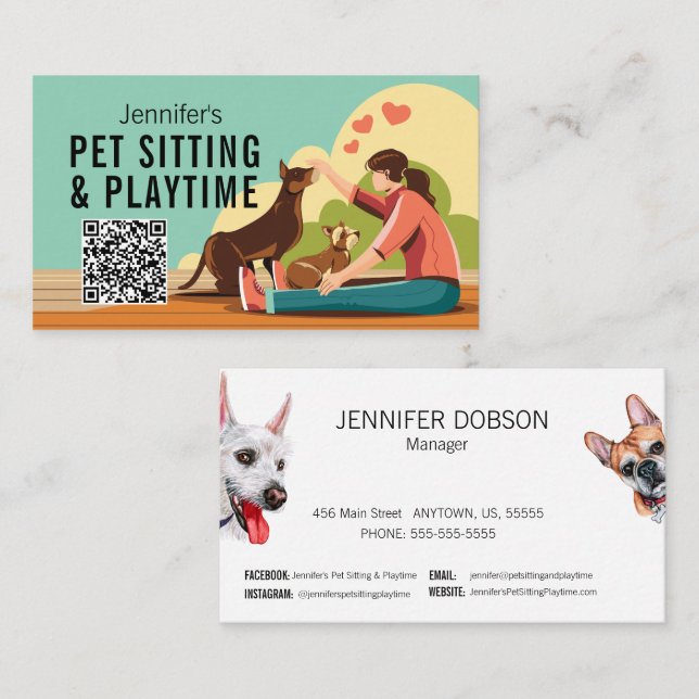 Carte De Visite Petsitting & Playtime avec code QR Chien (Devant / Derrière)