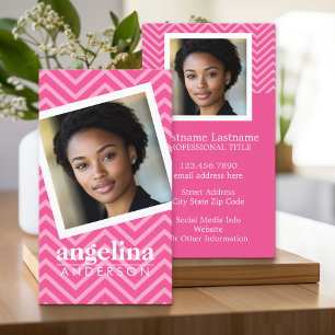 Carte De Visite Photo avec Hot Pink Chevron Motif Nom personnalisé