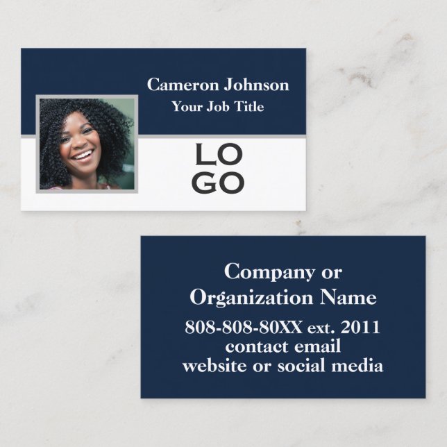 Carte De Visite Photo avec logo personnalisé sur Navy Blue (Devant / Derrière)