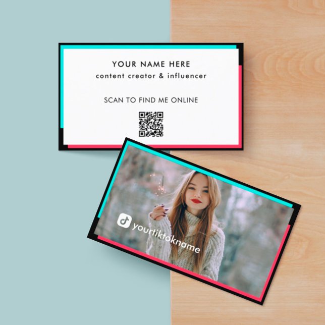 Carte De Visite Photo Black Hot rose Turquoise Code QR (Créateur téléchargé)