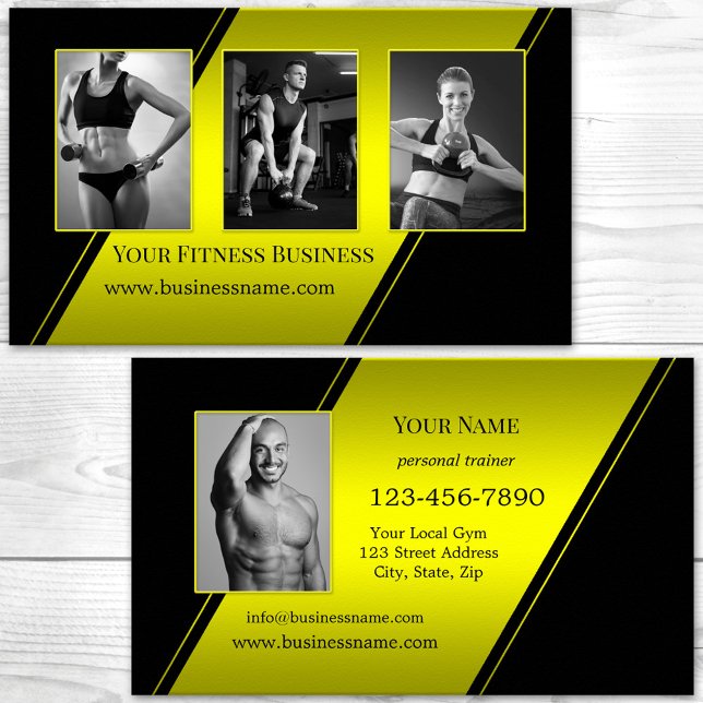 Carte De Visite Photo Black Neon Jaune Entraîneur personnel Fitnes (Custom photos neon yellow and black professional fitness personal trainer business card)