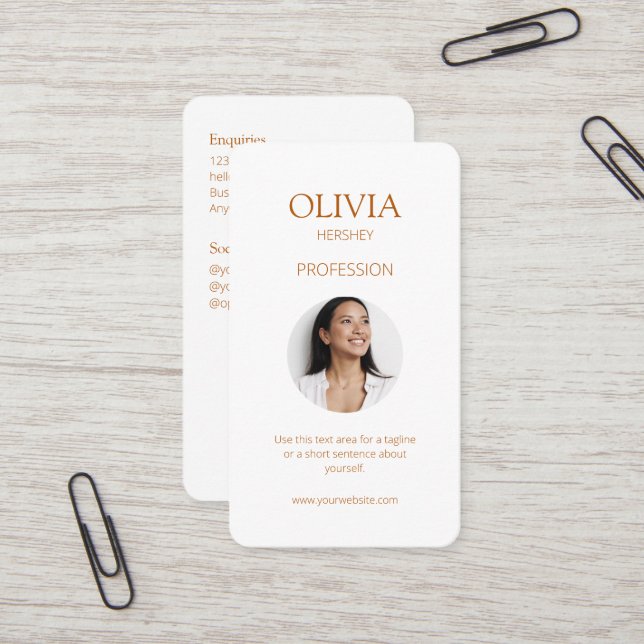 Carte De Visite Photo blanche / ocre Code QR social (Devant/Arrière en situation)