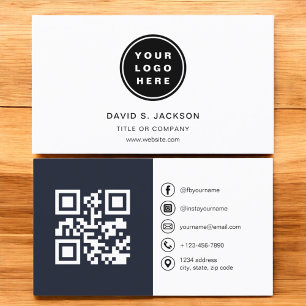 Carte De Visite Photo bleu marine avec code QR Médias sociaux