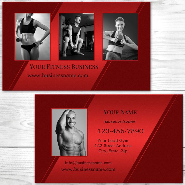Carte De Visite Photo Burgundy Red Personal Trainer Fitness (Fitness or professional personal trainer business card in red and burgundy with custom photos)