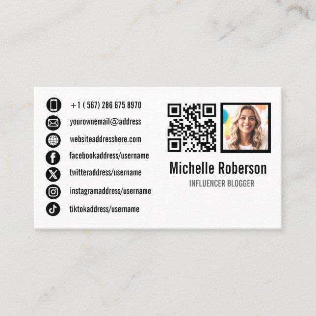 Carte De Visite photo code qr et icônes des médias sociaux (Devant)