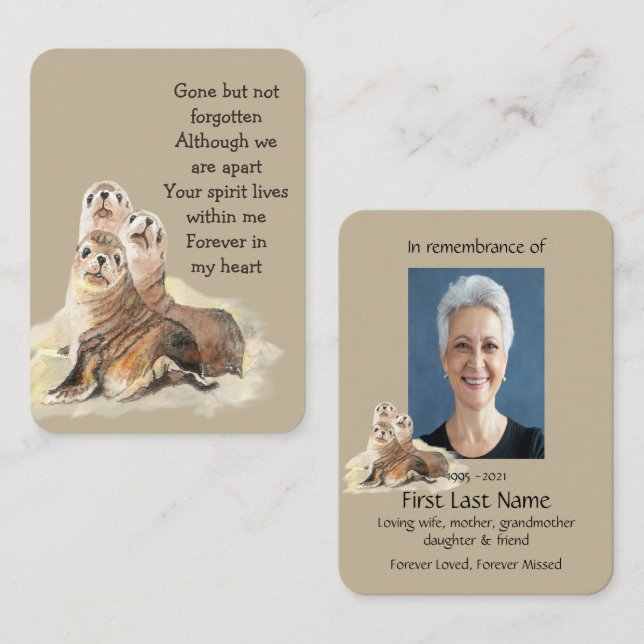 Carte De Visite Photo commémorative Prière d'aquarelle Phoques Fau (Devant / Derrière)