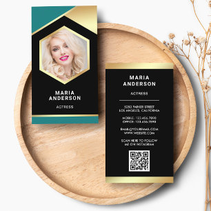 Carte De Visite Photo de code QR d'actrice modèle feuille d'or sar