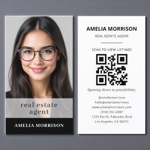 Carte De Visite Photo de code QR de l'agent immobilier noir blanc