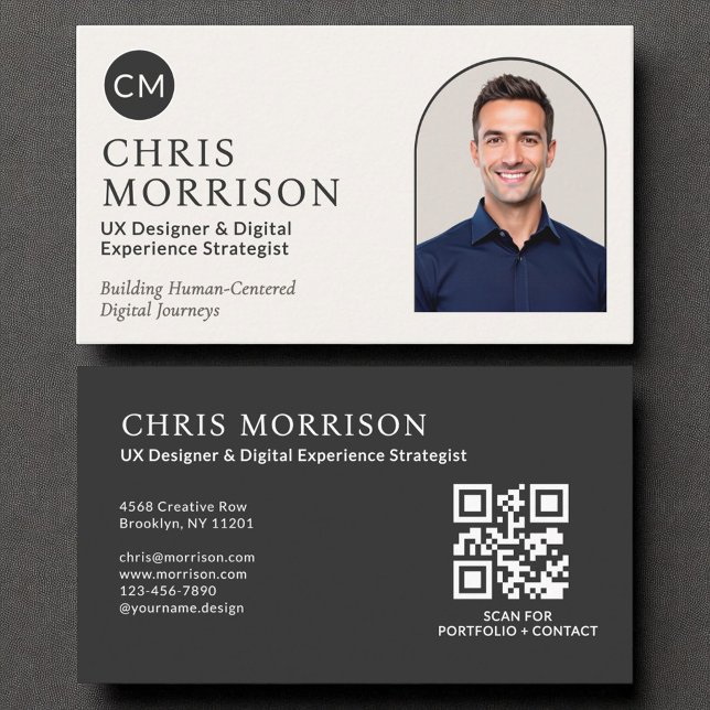 Carte De Visite Photo de code QR professionnel de monogramme noir (Créateur téléchargé)