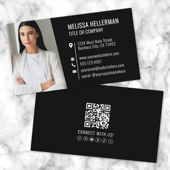 Carte De Visite Photo de code QR professionnel noir moderne (Red Modern Photo Logo Professional Business Card )