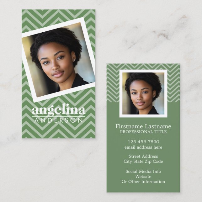 Carte De Visite Photo de Green Chevron Motif Nom personnalisé (Devant / Derrière)