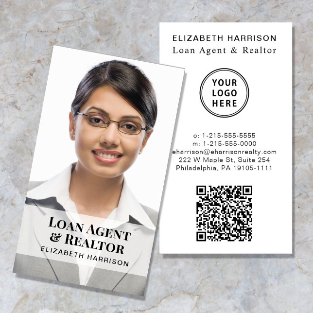 Carte De Visite Photo du logo professionnel du code QR (Make a lasting impression with this modern business card featuring your photo, logo and qr code)