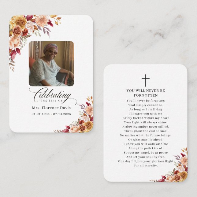 Carte De Visite Photo Funeral Memorial Floral Prayer Card (Devant / Derrière)
