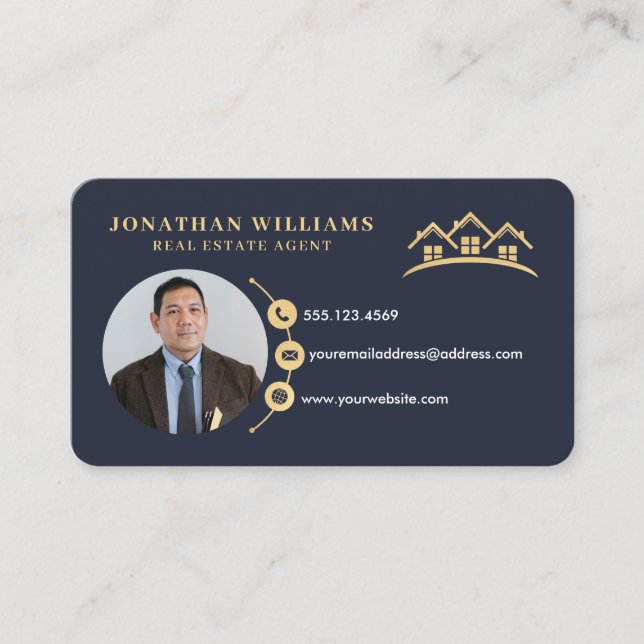 Carte De Visite Photo immobilière professionnelle Marine & Gold (Devant)