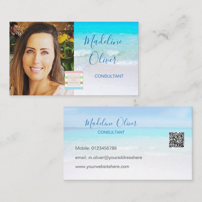 Carte De Visite Photo Logo QR Code Ocean Beach Sea Travel Blue (Devant / Derrière)