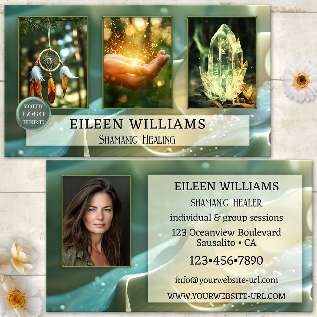 Carte De Visite Photo Magique Shamanic Healing (Business card featuring your custom photos framed by a magical shell like design in teal and green)