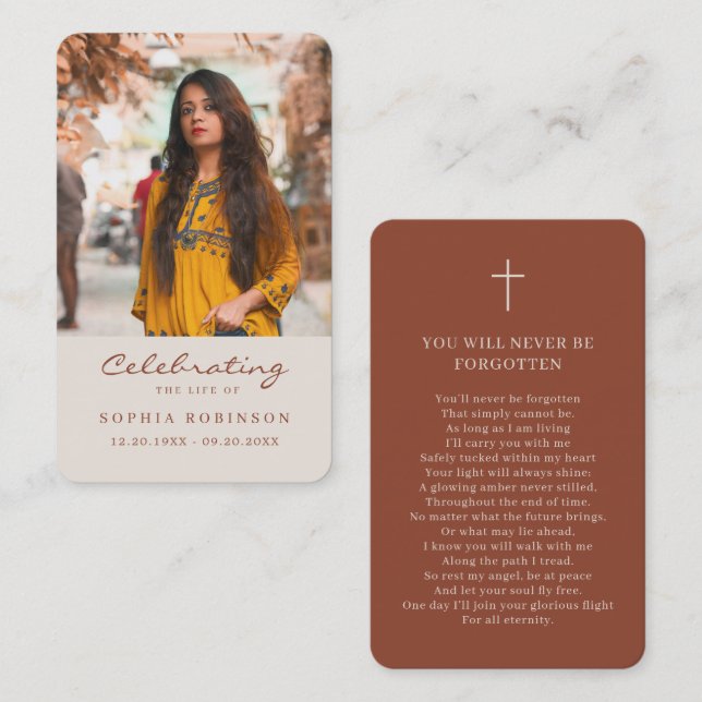 Carte De Visite Photo Memorial Cream Terracotta Prayer Card (Devant / Derrière)
