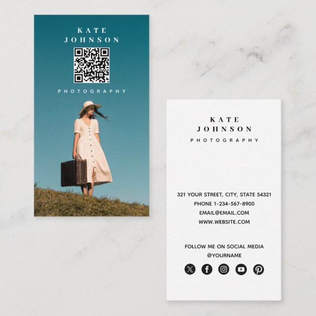 Carte De Visite Photo Minimal Photographe QR Code Social Media (Devant / Derrière)