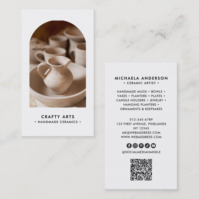 Carte De Visite Photo minimale moderne Boho Arch Code QR & Socials (Devant / Derrière)