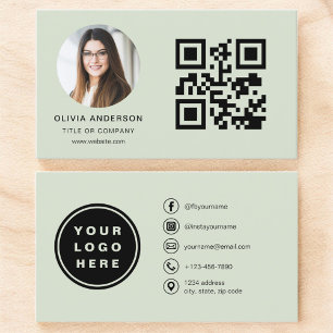 Carte De Visite Photo minimaliste verte Sage avec code QR