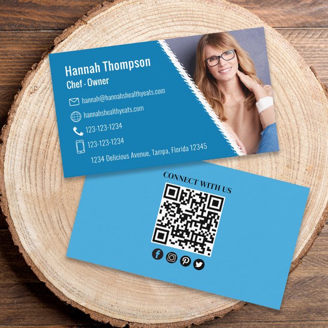 Carte De Visite Photo moderne QR Code Bleu | Connectez-vous avec n (Créateur téléchargé)