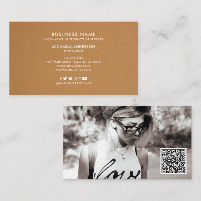 Carte De Visite Photo moderne QR Code & Social Media No Logo Kraft (Devant / Derrière)