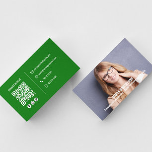 Carte De Visite Photo moderne Simple vert QR Code Social Media