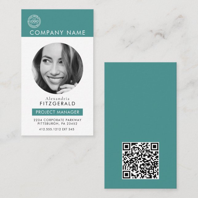 Carte De Visite Photo moderne Turquoise Aqua QR Code Business (Devant / Derrière)