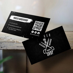Carte De Visite Photo noir et blanc Rusty Barbershop QR Code